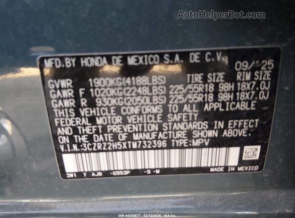 3CZRZ2H5XTM732396 2026 HONDA HR-V Синий Вид подкапотного пространства