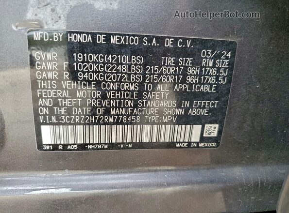 3CZRZ2H72RM778458 2024 HONDA HR-V Gray Widok naklejki z numerem VIN