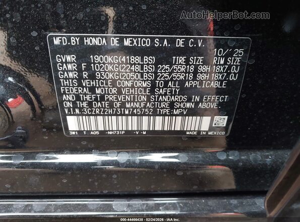 3CZRZ2H73TM745752 2026 HONDA HR-V Black Widok komory silnika