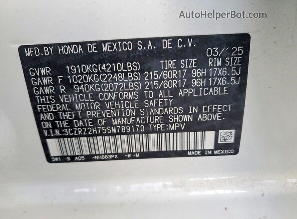 3CZRZ2H75SM789170 2025 HONDA HR-V Белый Вид наклейки с VIN-кодом