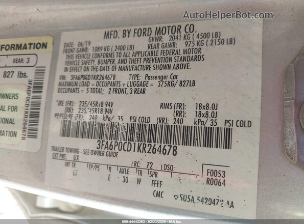 3FA6P0CD1KR264678 2019 FORD FUSION Серебряный Вид подкапотного пространства