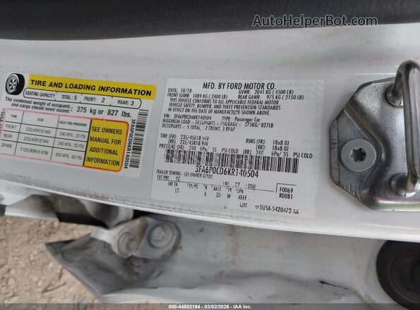 3FA6P0CD6KR140504 2019 FORD FUSION White Вид підкапотного простору