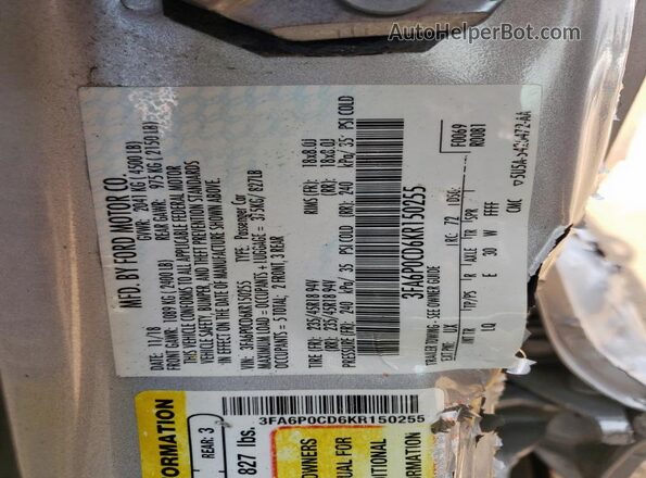 3FA6P0CD6KR150255 2019 FORD FUSION Silver Widok komory silnika