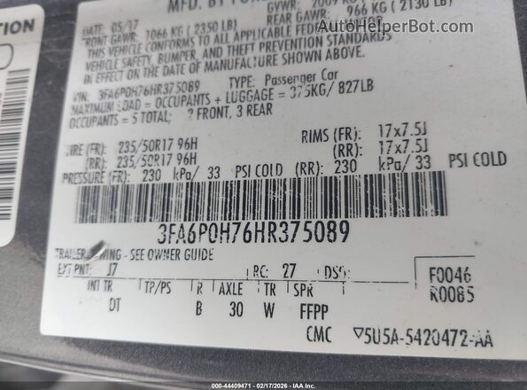 3FA6P0H76HR375089 2017 FORD FUSION Серый Вид подкапотного пространства