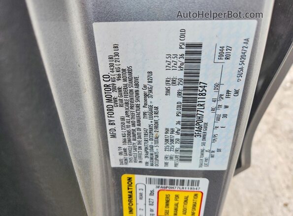 3FA6P0H77LR118547 2020 FORD FUSION Серебряный Вид подкапотного пространства