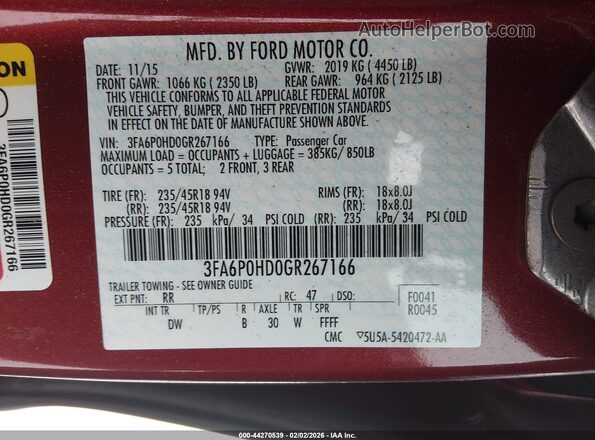 3FA6P0HD0GR267166 2016 FORD FUSION Red Вид підкапотного простору