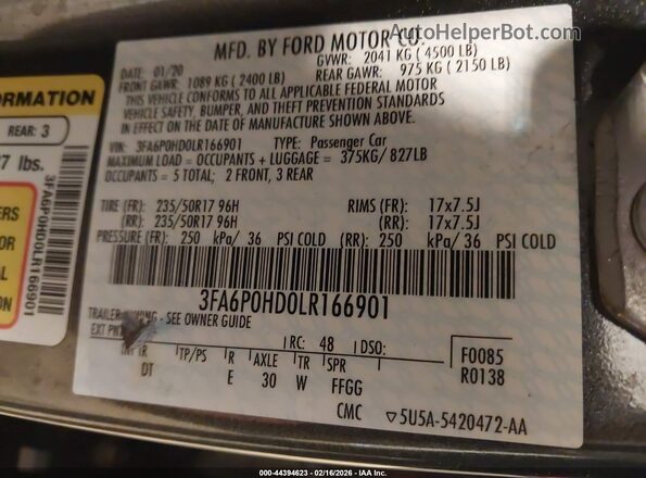 3FA6P0HD0LR166901 2020 FORD FUSION Gray ძრავის განყოფილების ხედი