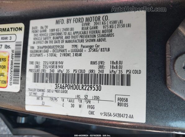 3FA6P0HD0LR229530 2020 FORD FUSION Серый Вид подкапотного пространства
