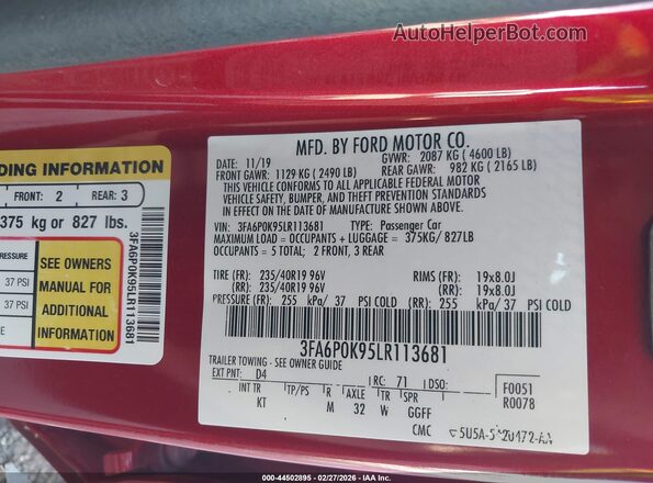 3FA6P0K95LR113681 2020 FORD FUSION Красный Вид подкапотного пространства