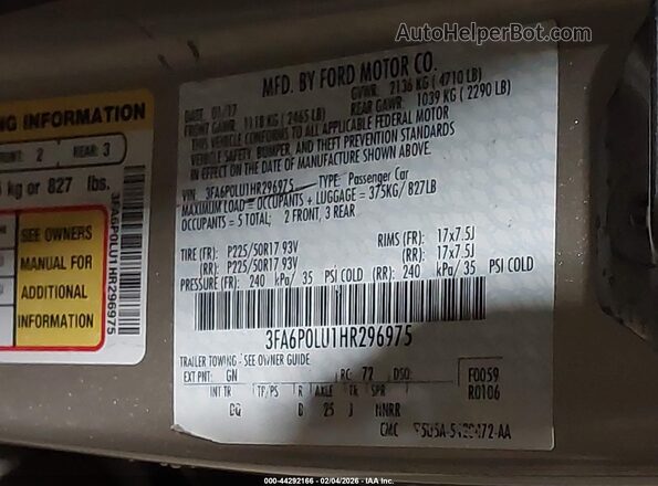 3FA6P0LU1HR296975 2017 FORD FUSION HYBRID Gold Widok komory silnika
