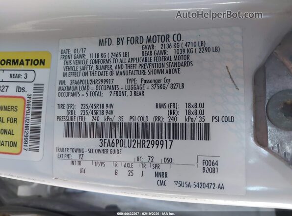 3FA6P0LU2HR299917 2017 FORD FUSION HYBRID White Engine compartment view