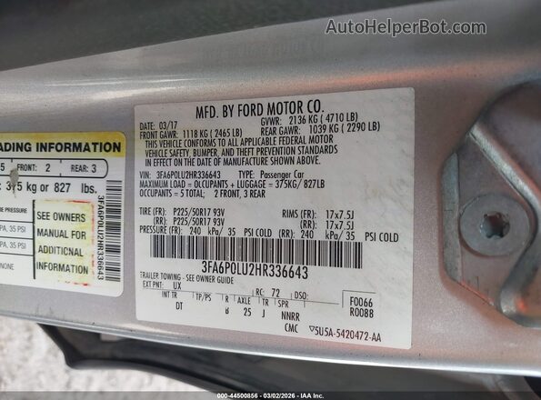 3FA6P0LU2HR336643 2017 FORD FUSION HYBRID Silver Widok komory silnika