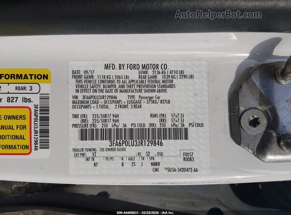 3FA6P0LU3JR129846 2018 FORD FUSION HYBRID White Widok komory silnika