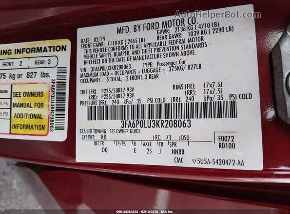 3FA6P0LU3KR208063 2019 FORD FUSION HYBRID Красный Вид подкапотного пространства