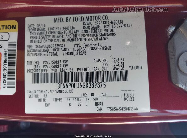 3FA6P0LU6GR389375 2016 FORD FUSION HYBRID Красный Вид подкапотного пространства