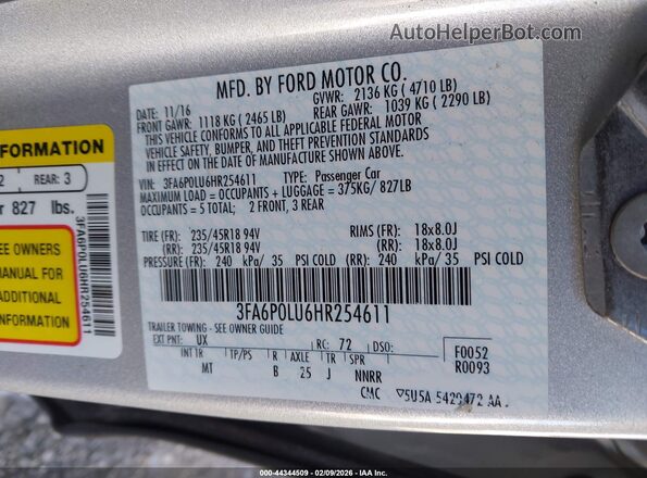 3FA6P0LU6HR254611 2017 FORD FUSION HYBRID Серебряный Вид подкапотного пространства