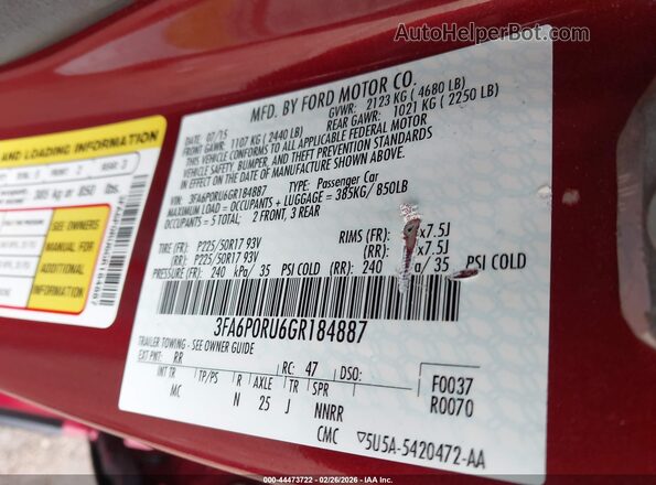 3FA6P0RU6GR184887 2016 FORD FUSION HYBRID Красный Вид подкапотного пространства