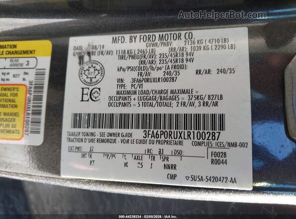3FA6P0RUXLR100287 2020 FORD FUSION HYBRID Gray Вид підкапотного простору