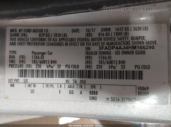 3FADP4AJ4HM166290 2017 FORD FIESTA Silver Вид підкапотного простору