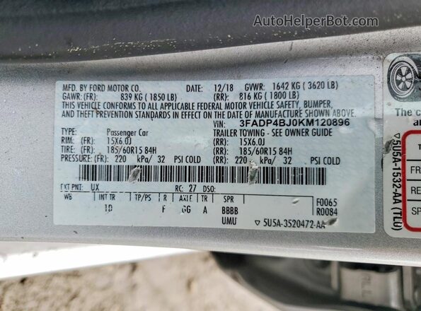3FADP4BJ0KM120896 2019 FORD FIESTA Silver Engine compartment view