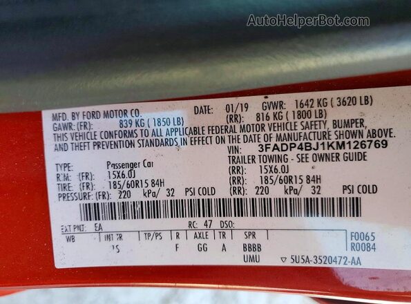 3FADP4BJ1KM126769 2019 FORD FIESTA Red Widok naklejki z numerem VIN