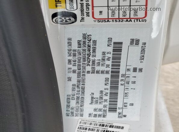 3FADP4BJ4KM114275 2019 FORD FIESTA Белый Вид наклейки с VIN-кодом