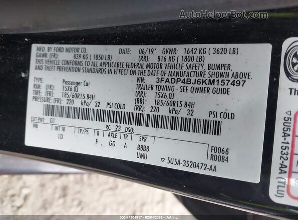 3FADP4BJ6KM157497 2019 FORD FIESTA Черный Вид подкапотного пространства