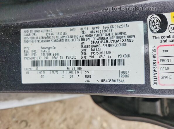 3FADP4BJ7KM123553 2019 FORD FIESTA Gray Вид підкапотного простору