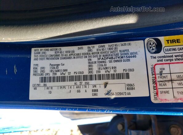 3FADP4BJ7KM154446 2019 FORD FIESTA Blue Вид підкапотного простору