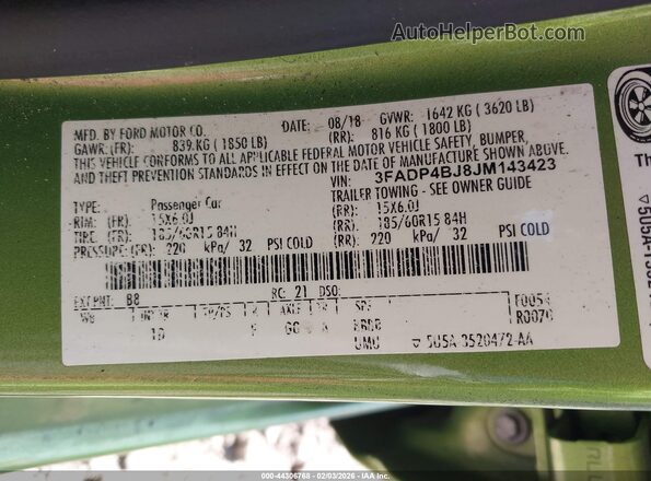 3FADP4BJ8JM143423 2018 FORD FIESTA Зеленый Вид подкапотного пространства