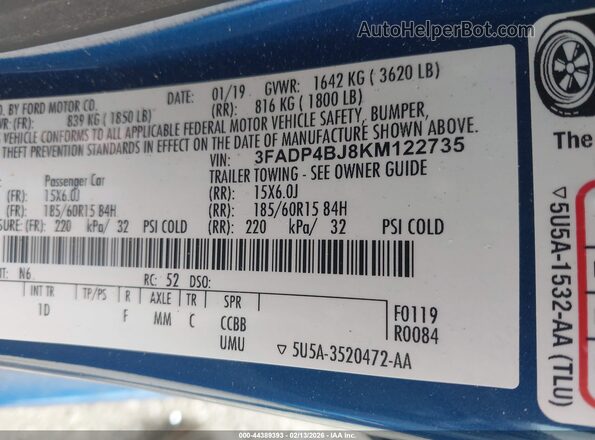 3FADP4BJ8KM122735 2019 FORD FIESTA Синий Вид подкапотного пространства