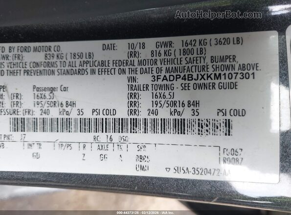 3FADP4BJXKM107301 2019 FORD FIESTA Gray Widok komory silnika