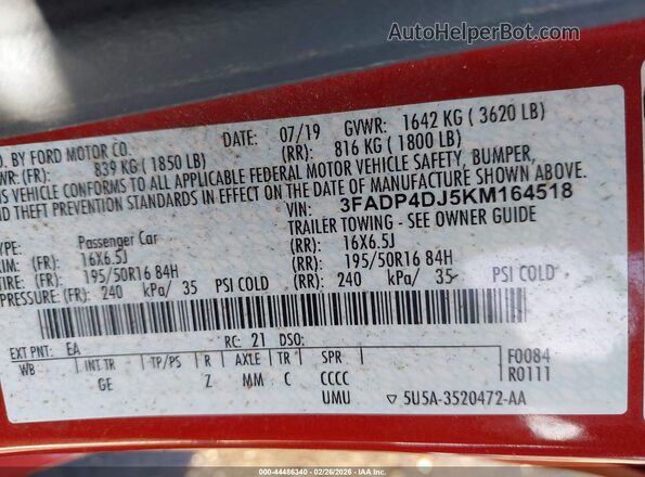 3FADP4DJ5KM164518 2019 FORD FIESTA Orange Engine compartment view