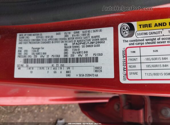 3FADP4EJ1JM128662 2018 FORD FIESTA Красный Вид подкапотного пространства