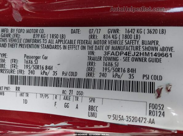 3FADP4EJ2HM149661 2017 FORD FIESTA Красный Вид подкапотного пространства
