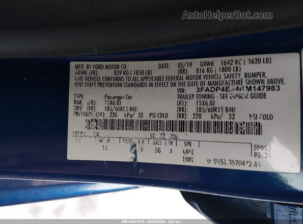 3FADP4EJ4KM147983 2019 FORD FIESTA Blue Widok komory silnika