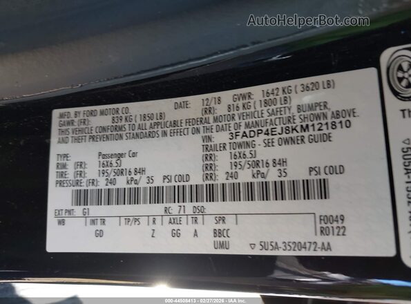 3FADP4EJ8KM121810 2019 FORD FIESTA Black ძრავის განყოფილების ხედი