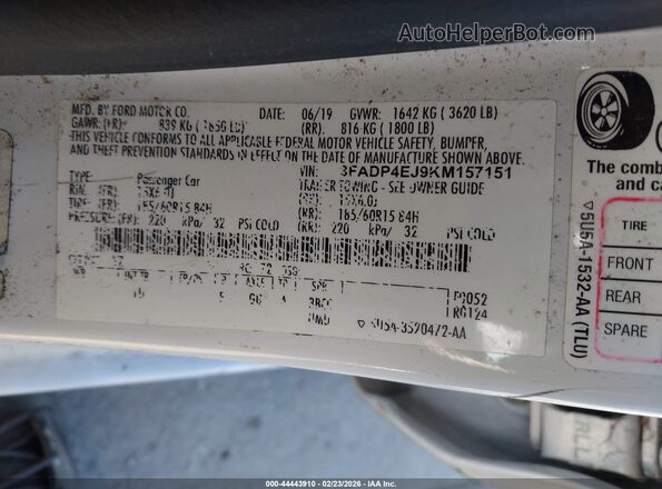 3FADP4EJ9KM157151 2019 FORD FIESTA White ძრავის განყოფილების ხედი