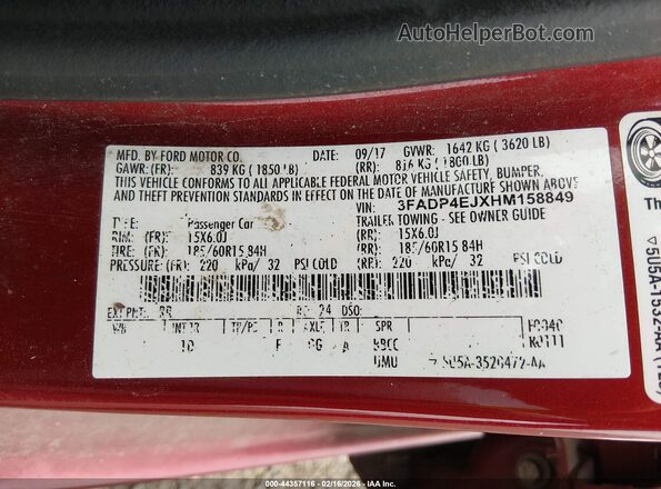 3FADP4EJXHM158849 2017 FORD FIESTA Красный Вид подкапотного пространства