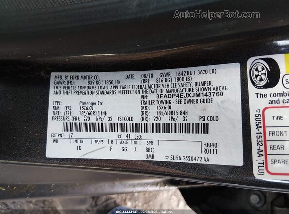3FADP4EJXJM143760 2018 FORD FIESTA Серый Вид подкапотного пространства