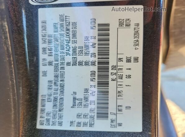 3FADP4EJXKM162777 2019 FORD FIESTA Charcoal Widok naklejki z numerem VIN