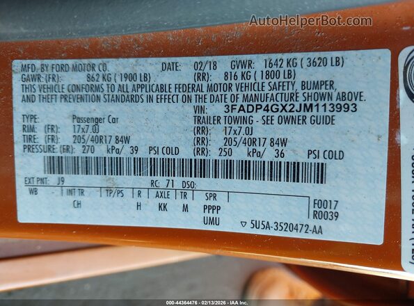 3FADP4GX2JM113993 2018 FORD FIESTA Orange Widok komory silnika