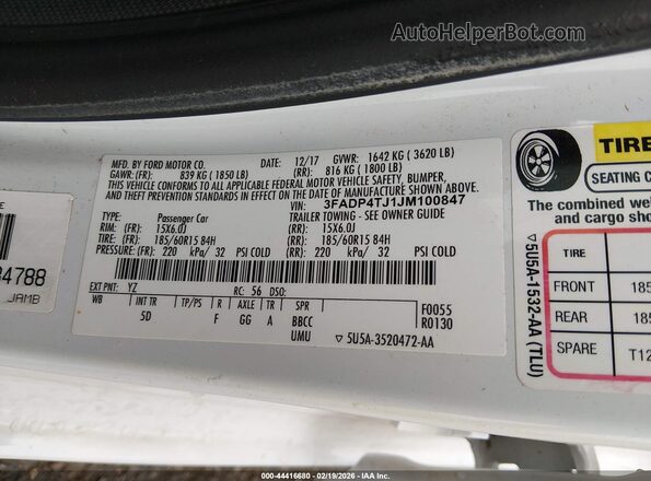 3FADP4TJ1JM100847 2018 FORD FIESTA Белый Вид подкапотного пространства