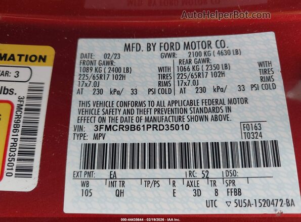 3FMCR9B61PRD35010 2023 FORD BRONCO SPORT Оранжевый Вид подкапотного пространства