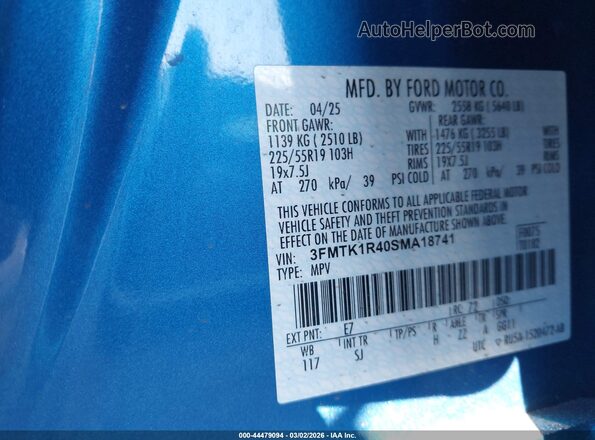 3FMTK1R40SMA18741 2025 FORD MUSTANG MACH-E Синий Вид подкапотного пространства