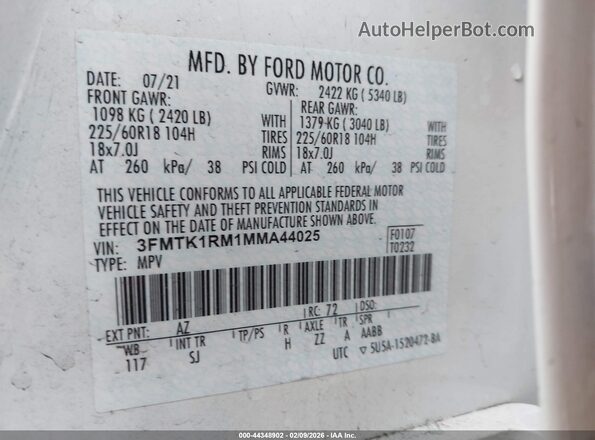3FMTK1RM1MMA44025 2021 FORD MUSTANG MACH-E Белый Вид подкапотного пространства