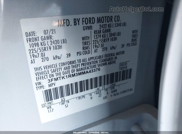 3FMTK1RM3MMA43376 2021 FORD MUSTANG MACH-E Белый Вид подкапотного пространства