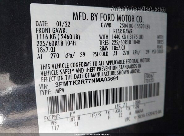 3FMTK2R77NMA03691 2022 FORD MUSTANG MACH-E Черный Вид подкапотного пространства