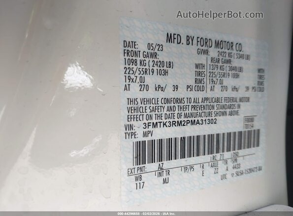 3FMTK3RM2PMA31302 2023 FORD MUSTANG MACH-E PREMI White ძრავის განყოფილების ხედი