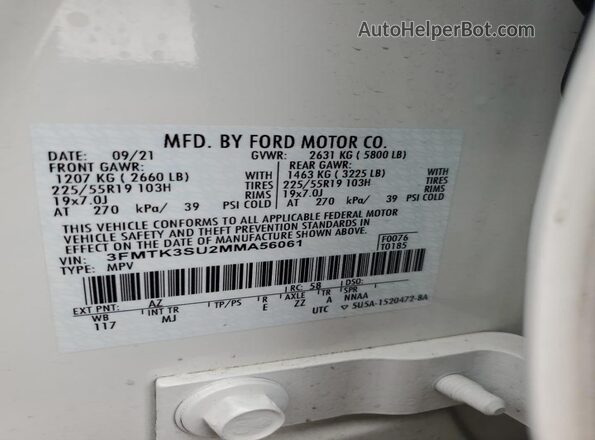 3FMTK3SU2MMA56061 2021 FORD MUSTANG MACH-E PREMI Белый Панорамный вид салона 360°